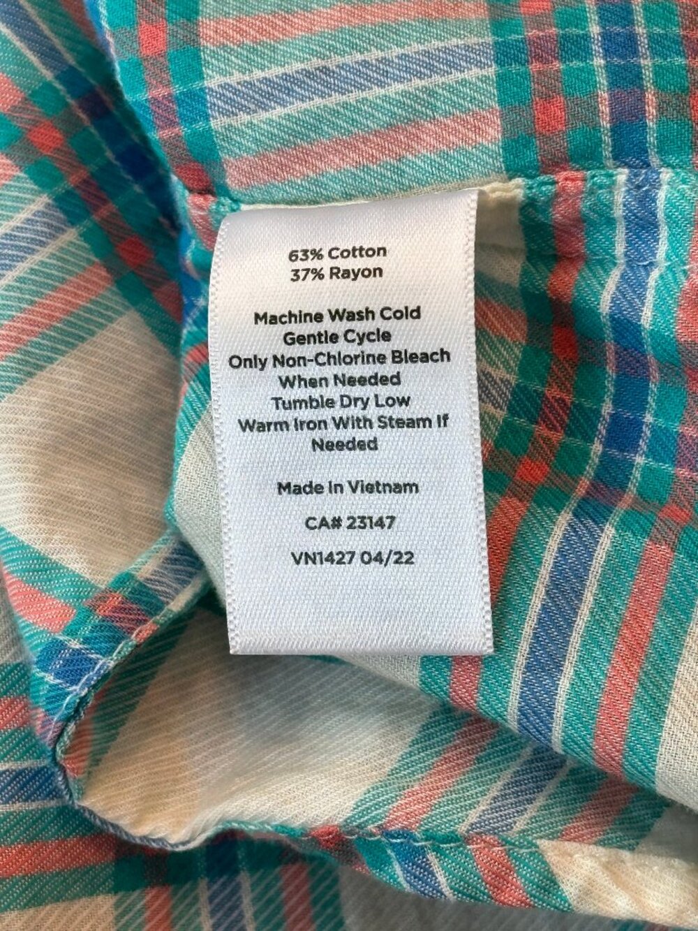 Talbots plaid longsleeve button down, turq, coral, dark green, white base, W Med - Picture 7 of 7